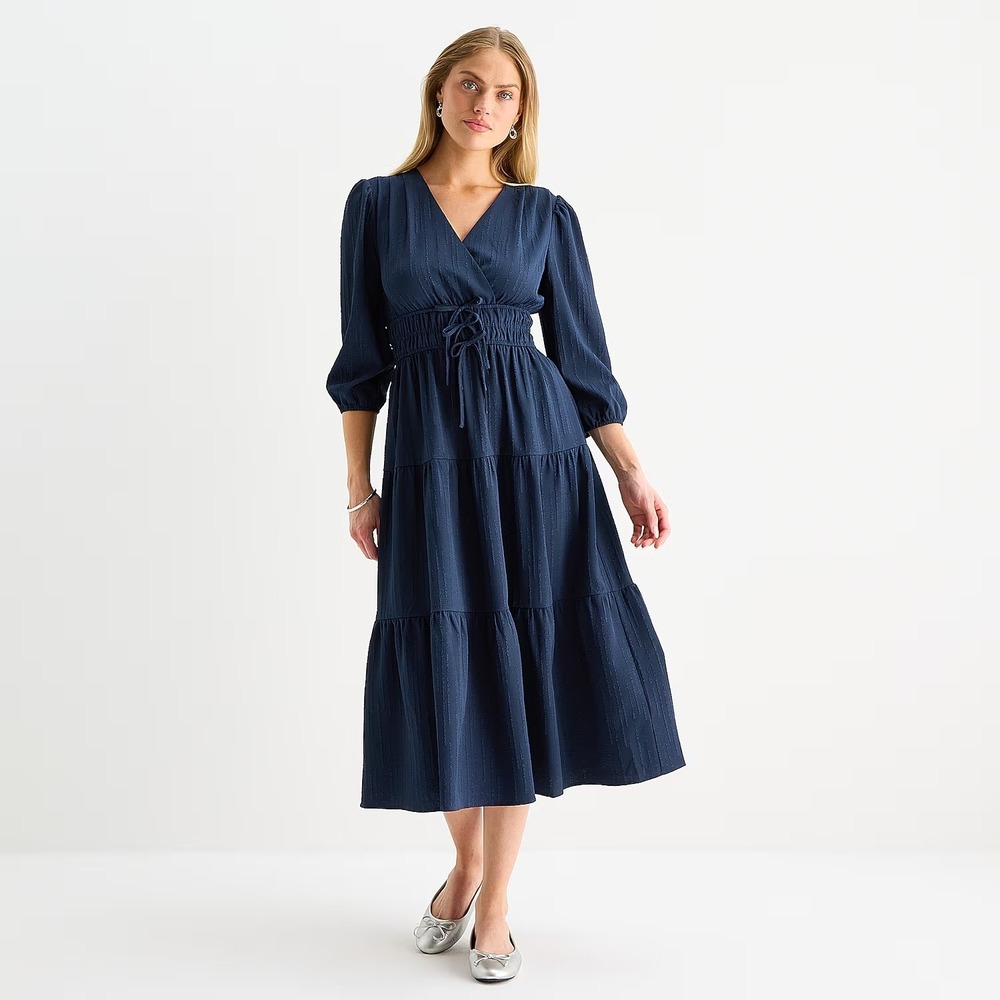 MSRP $69 Be by CHETTA B Womens XL Navy Midi Dress V Neck 3/4 Sleeve Balloon